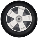 5 spoke silver rim with solid 10.75 x 3.6 non marking black tire. Fits rear drive wheel Assembly for Pride Victory 10, ES 10, Sport Scooter, and Rascal 10